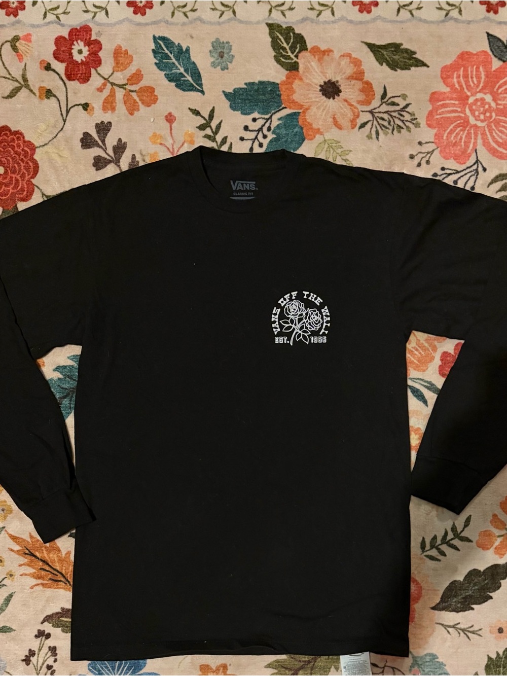 Vans Black Long-Sleeve Tee with Small White Chest Graphic